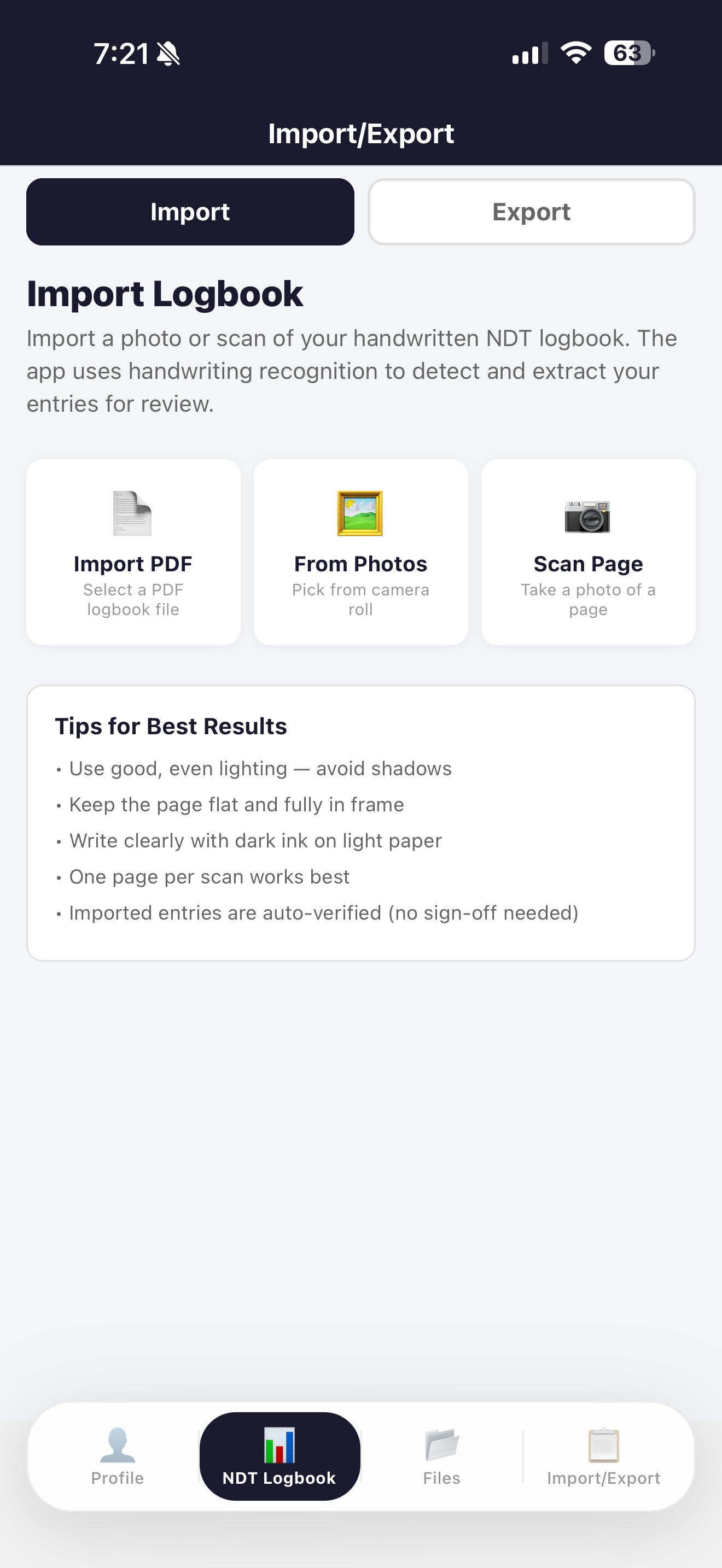 Import logbook screen